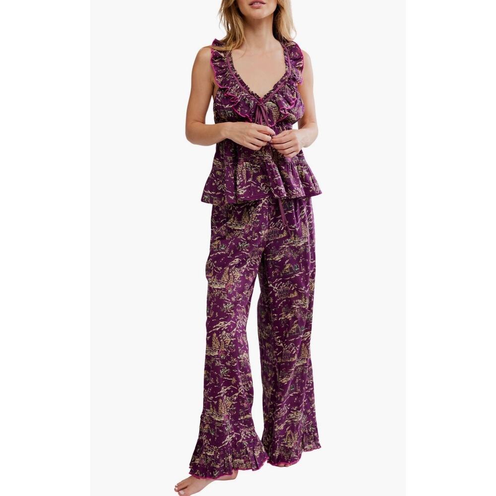 Free People Tangled Lights Ruffle Pajamas in Wine Combo Size M